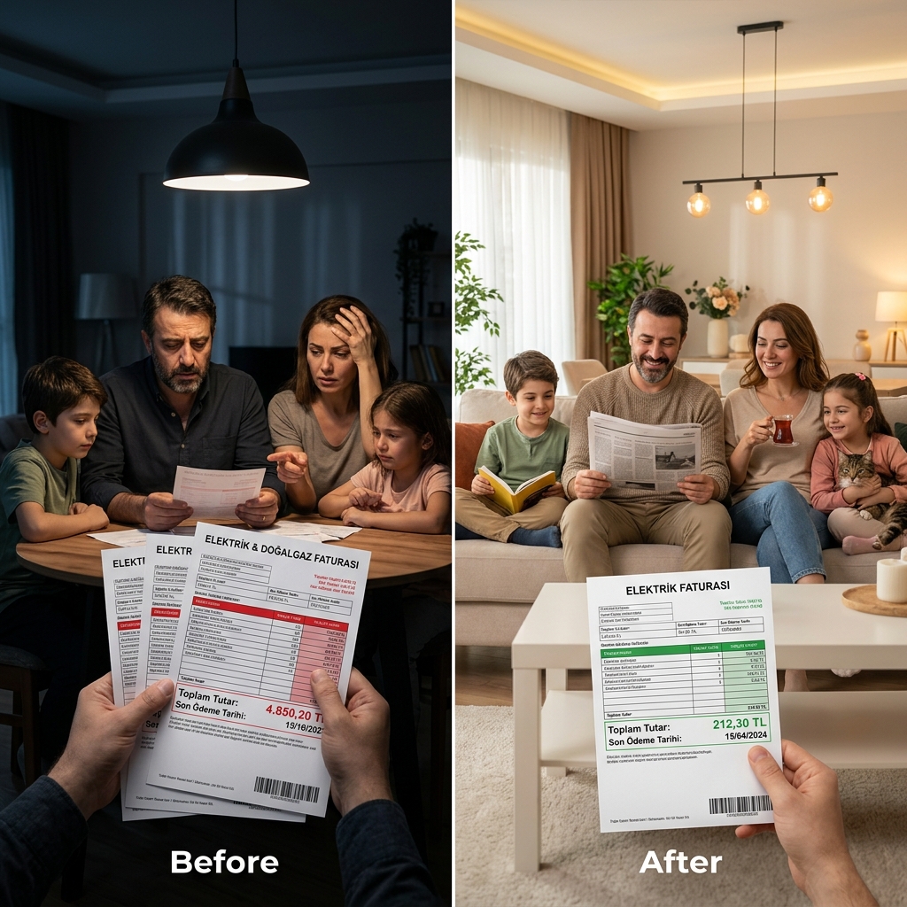 Güneş enerjisi öncesi yüksek fatura - sonrası düşen fatura karşılaştırması